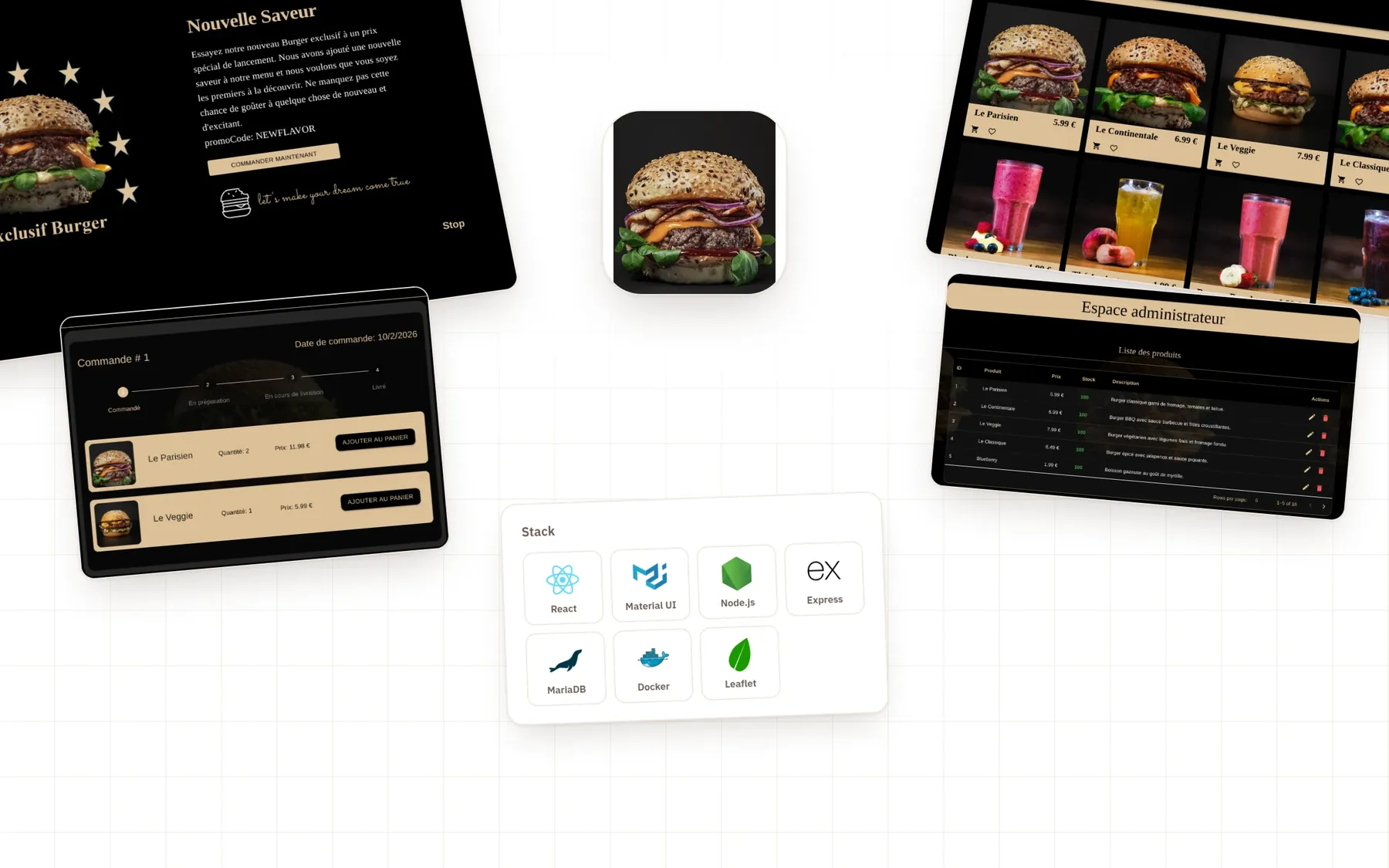 Dream World Burger: the home page, the menu, order tracking, the cart and the admin tables around the title
