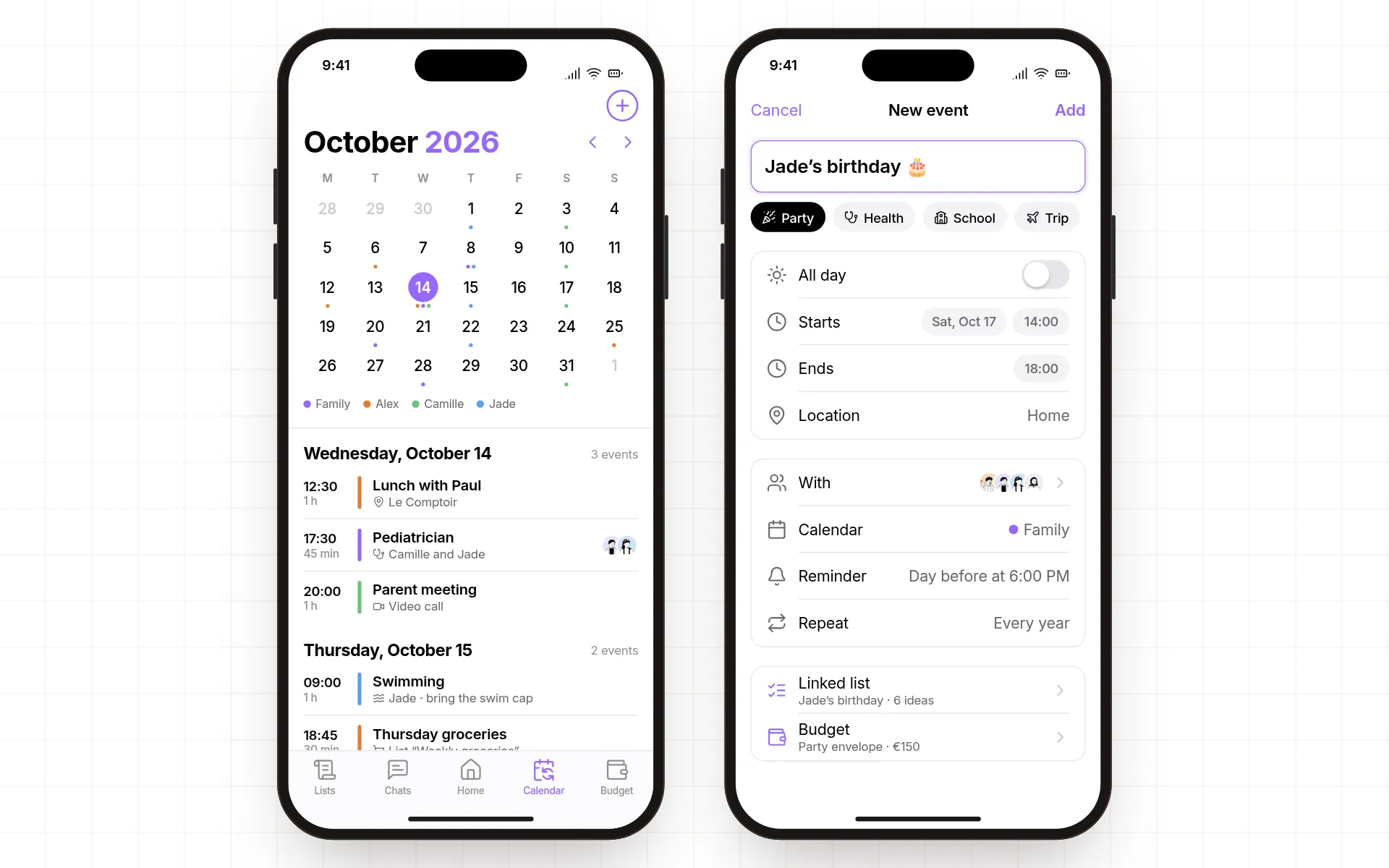 Family calendar and a new birthday event linked to a list and a budget