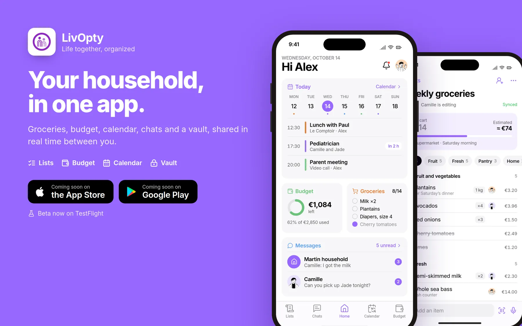 LivOpty: the home screen, the budget and the grocery list on iPhone, next to the headline