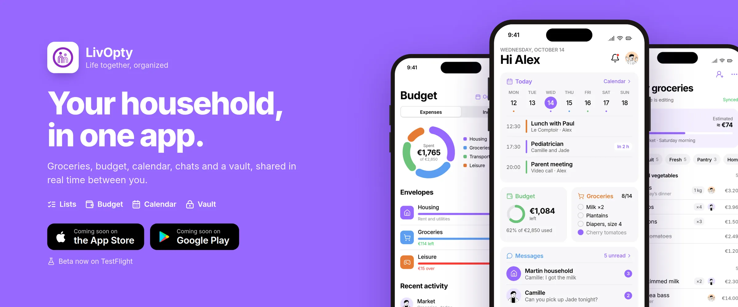 LivOpty: the home screen, the budget and the grocery list on iPhone, next to the headline