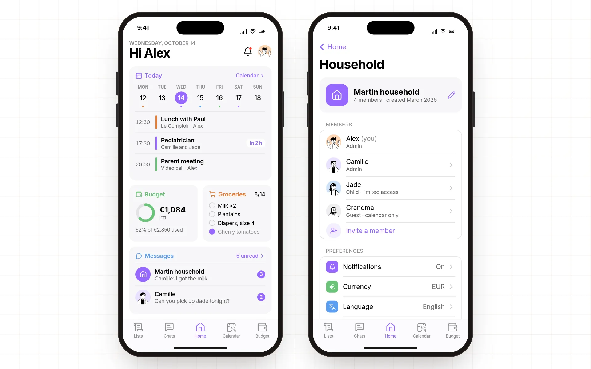 Home widgets for today, budget, groceries and messages, and the household settings