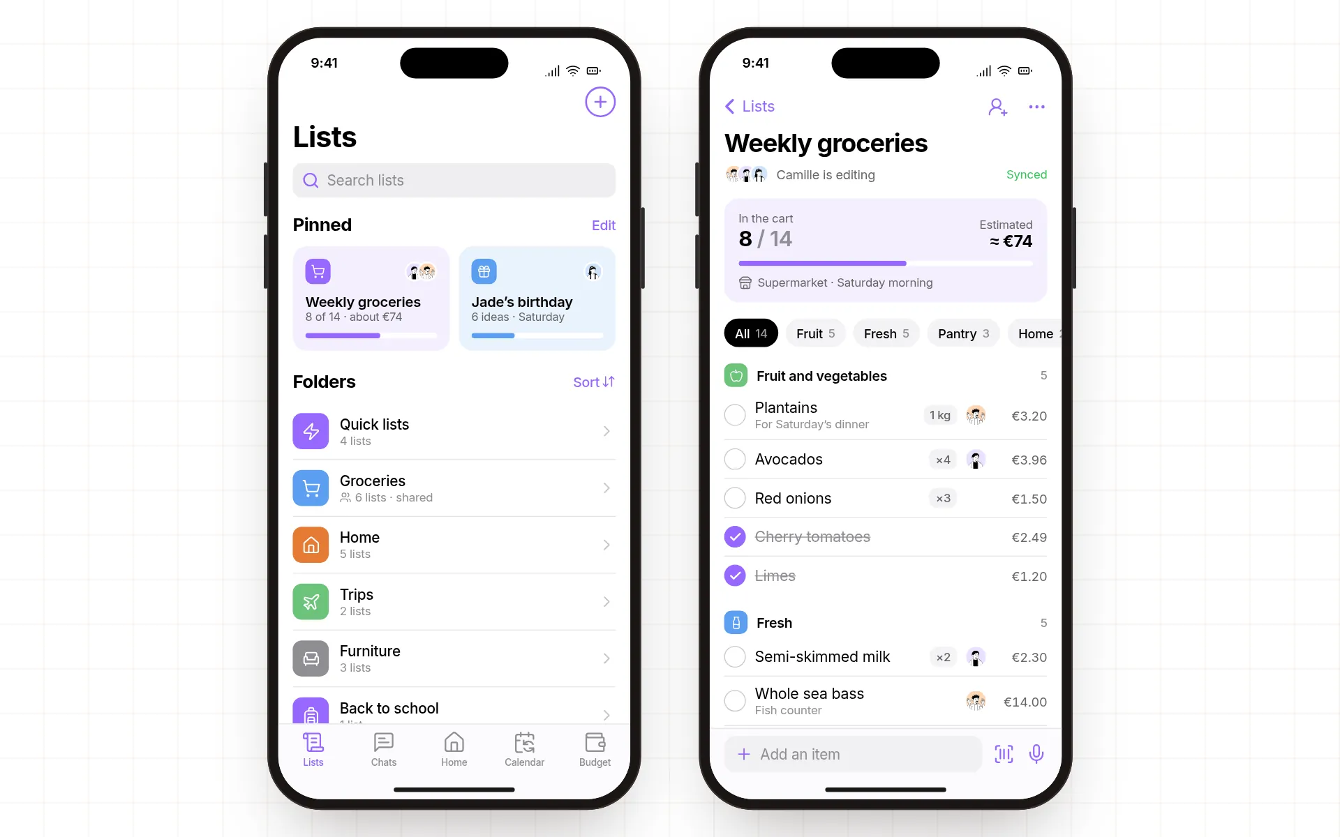 Shared lists and the weekly grocery list sorted by aisle