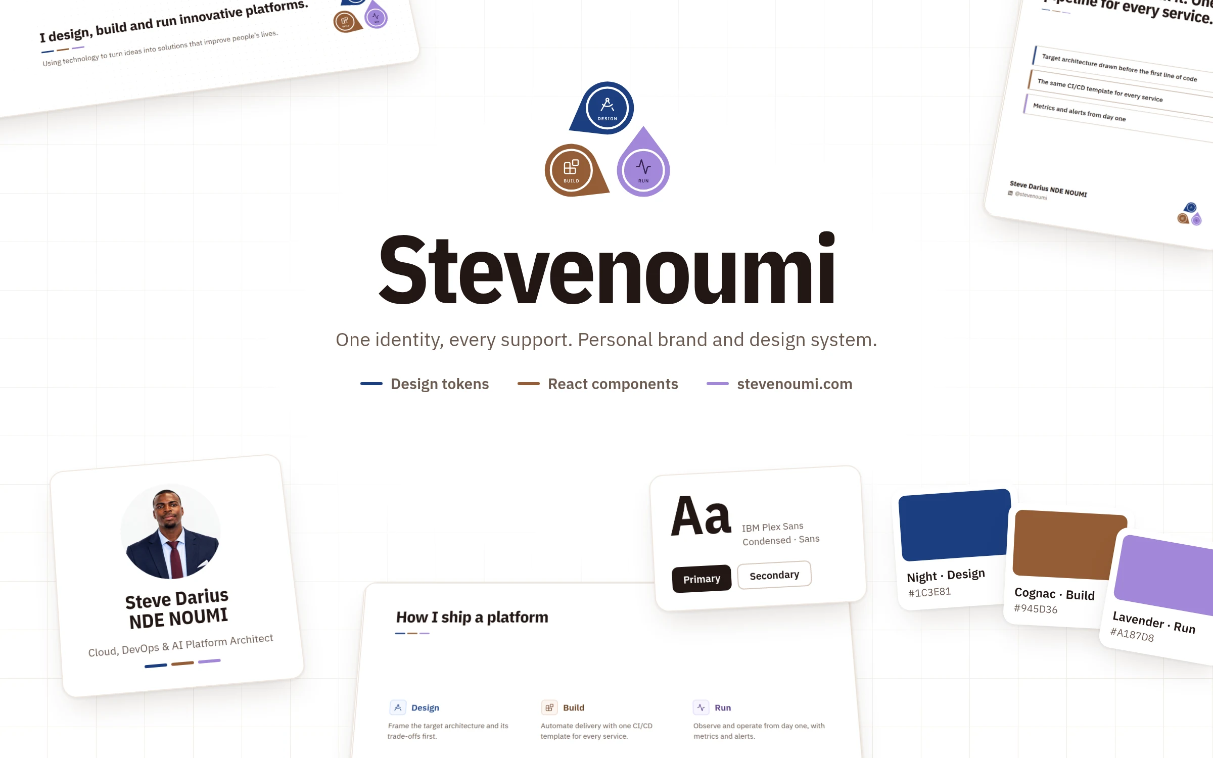 Brand board: the Stevenoumi emblem in the center, with the portrait card, the three colors, a LinkedIn post, the banner, the typefaces and stevenoumi.com
